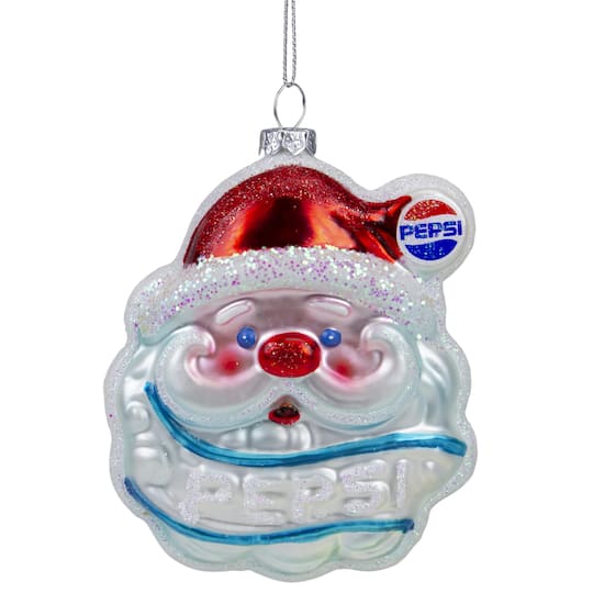 4.5" Blue & Red Glittered Santa Claus Head Pepsi Christmas Ornament